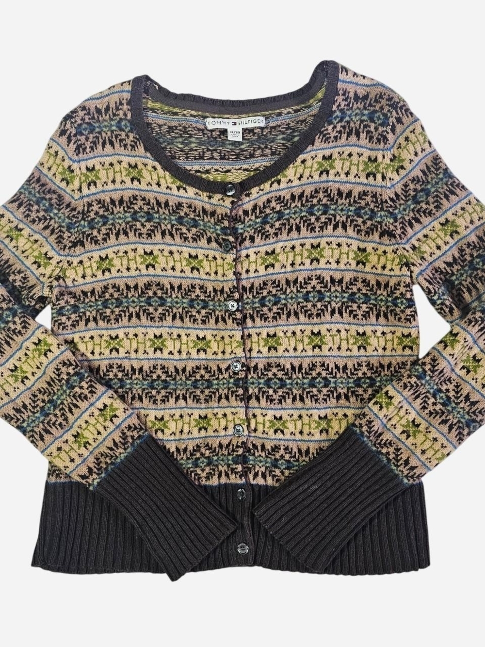 Pre-owned Vintage Tommy Hilfiger Multicolor Fair Isle Cardigan -Cream, Green